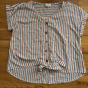 Flower & Feather Women's Multicolor Bow Buttons Front Striped Blouse Size 3XL